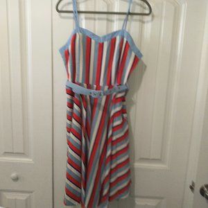 striped swing dress belted sweetheart neck pockets